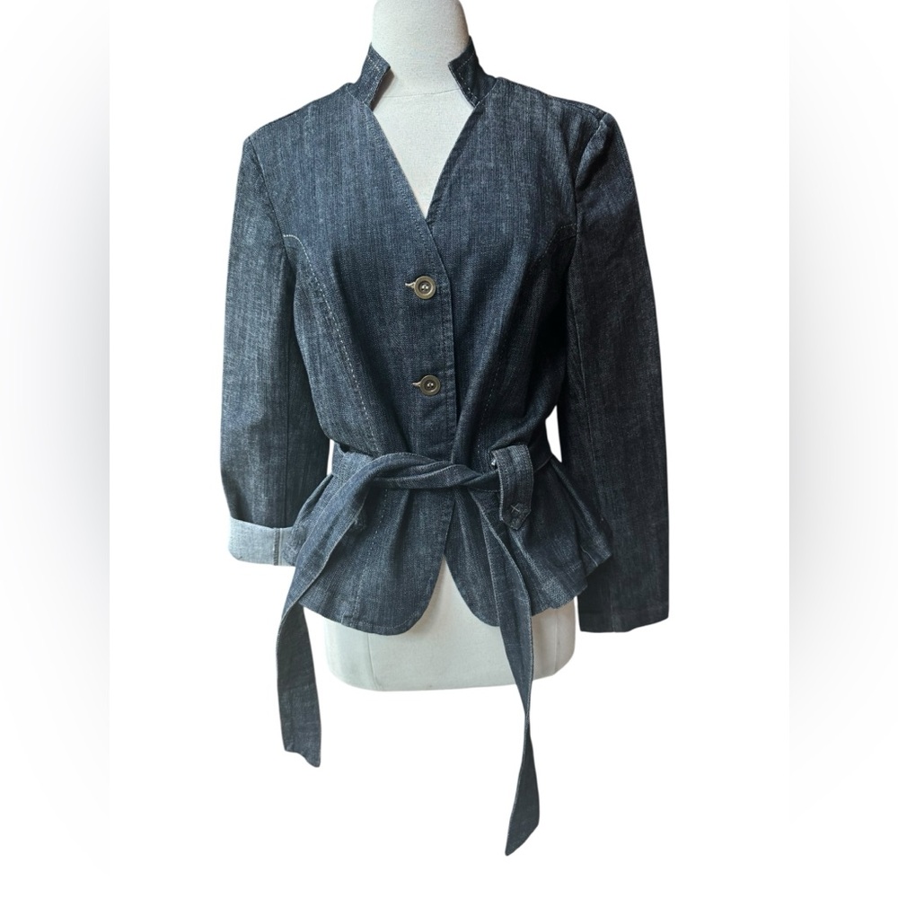 1990s Fashion Bug Tie-Waist Denim Jacket w/Knife Pleats on the Back, Mandarin Co